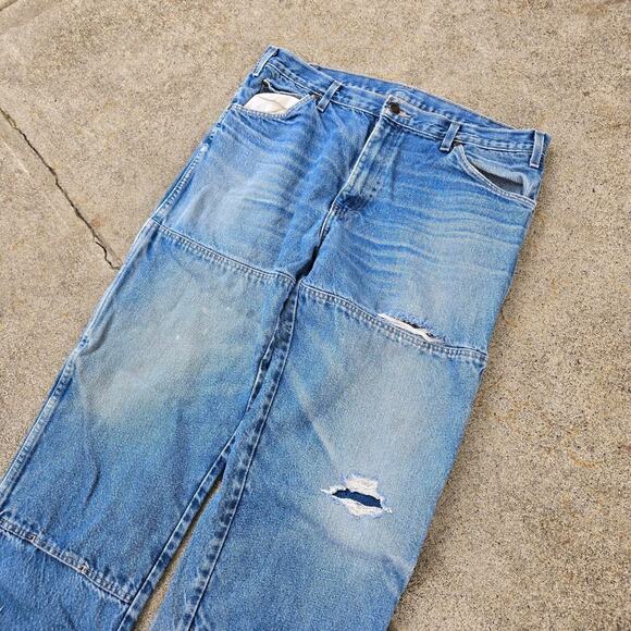 Vtg DICKIES Logo Patch Faded Workwear Double Knee Denim Jeans Tagged 36 x 32 - Picture 2 of 8